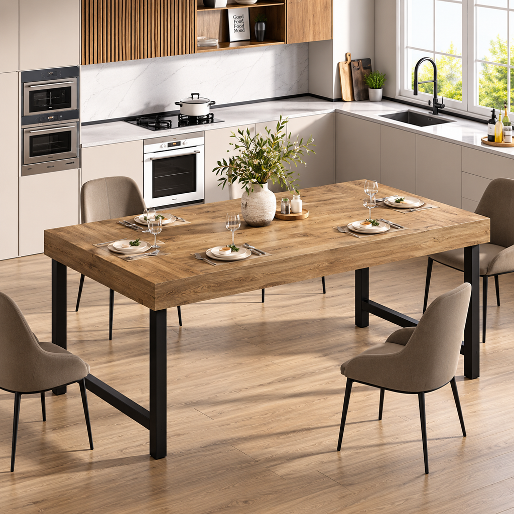 Table à Manger Elora – Effet Bois & Métal Noir