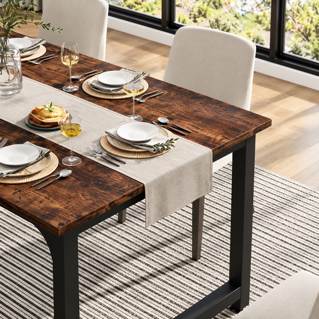 Table à Manger Sienna – Effet Bois Foncé & Métal Noir