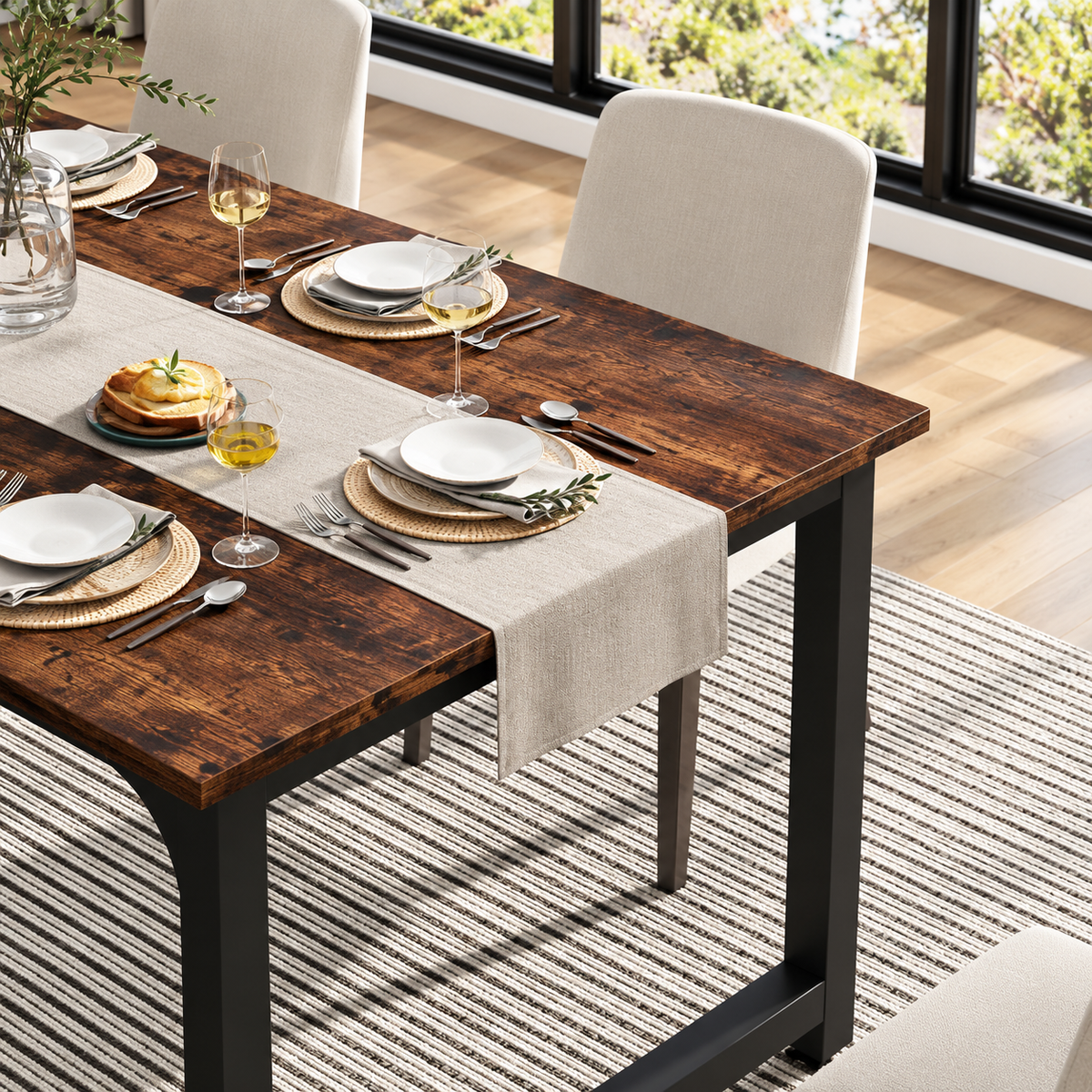 Table à Manger Sienna – Effet Bois Foncé & Métal Noir