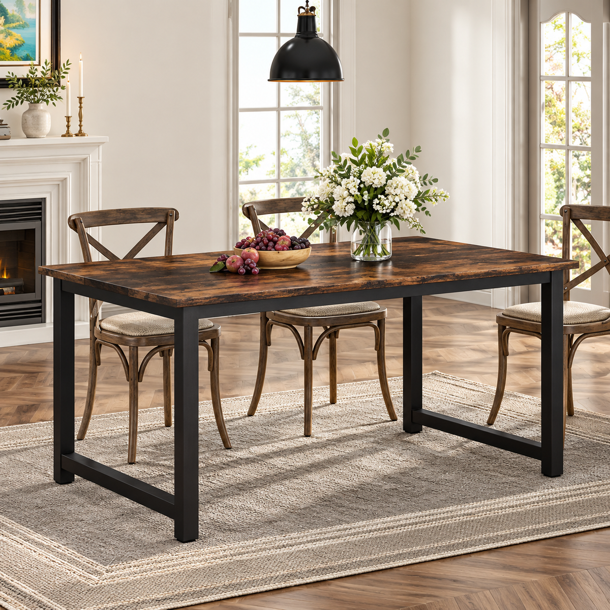 Table à Manger Sienna – Effet Bois Foncé & Métal Noir