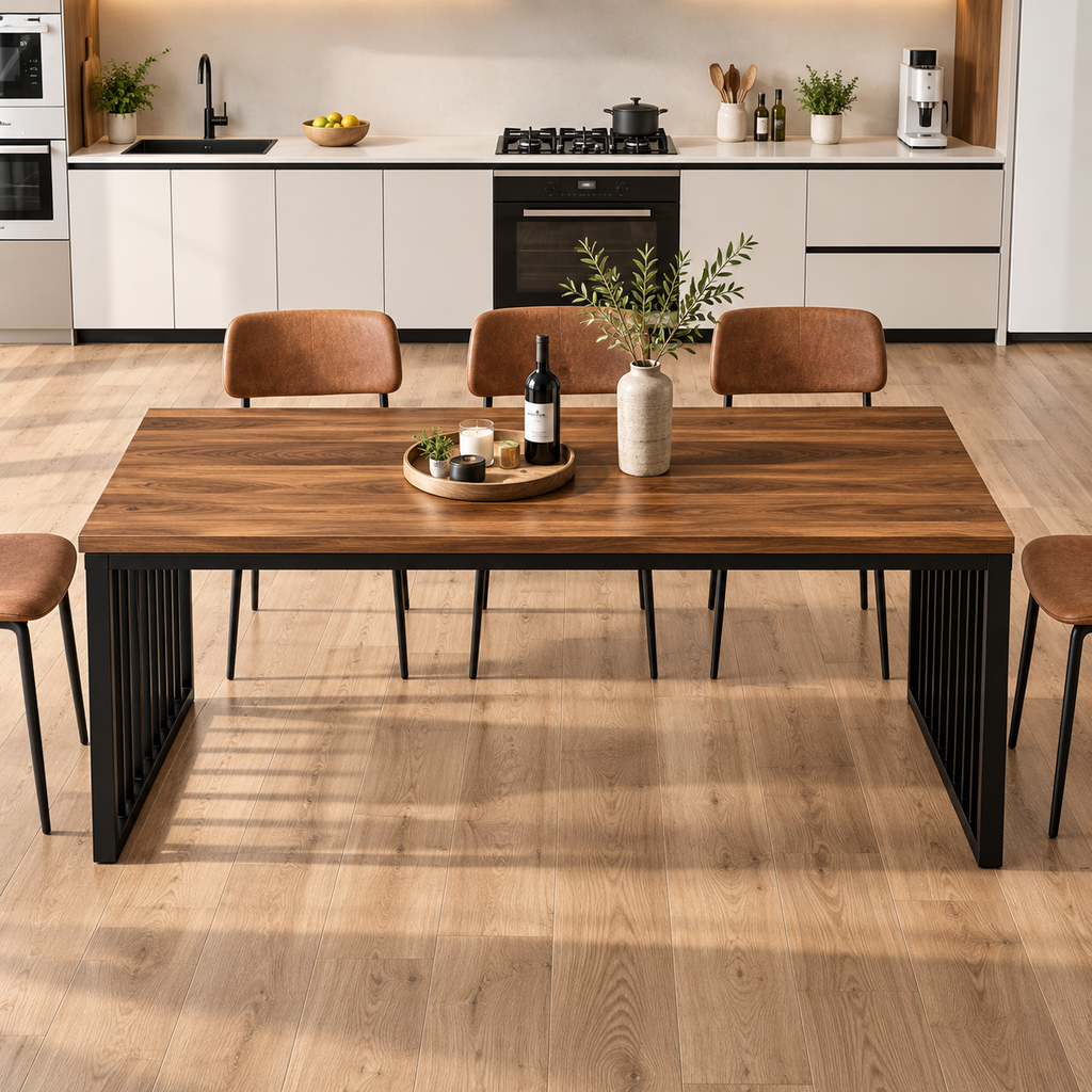 Table à Manger Veyra – Bois Noyer & Métal Noir