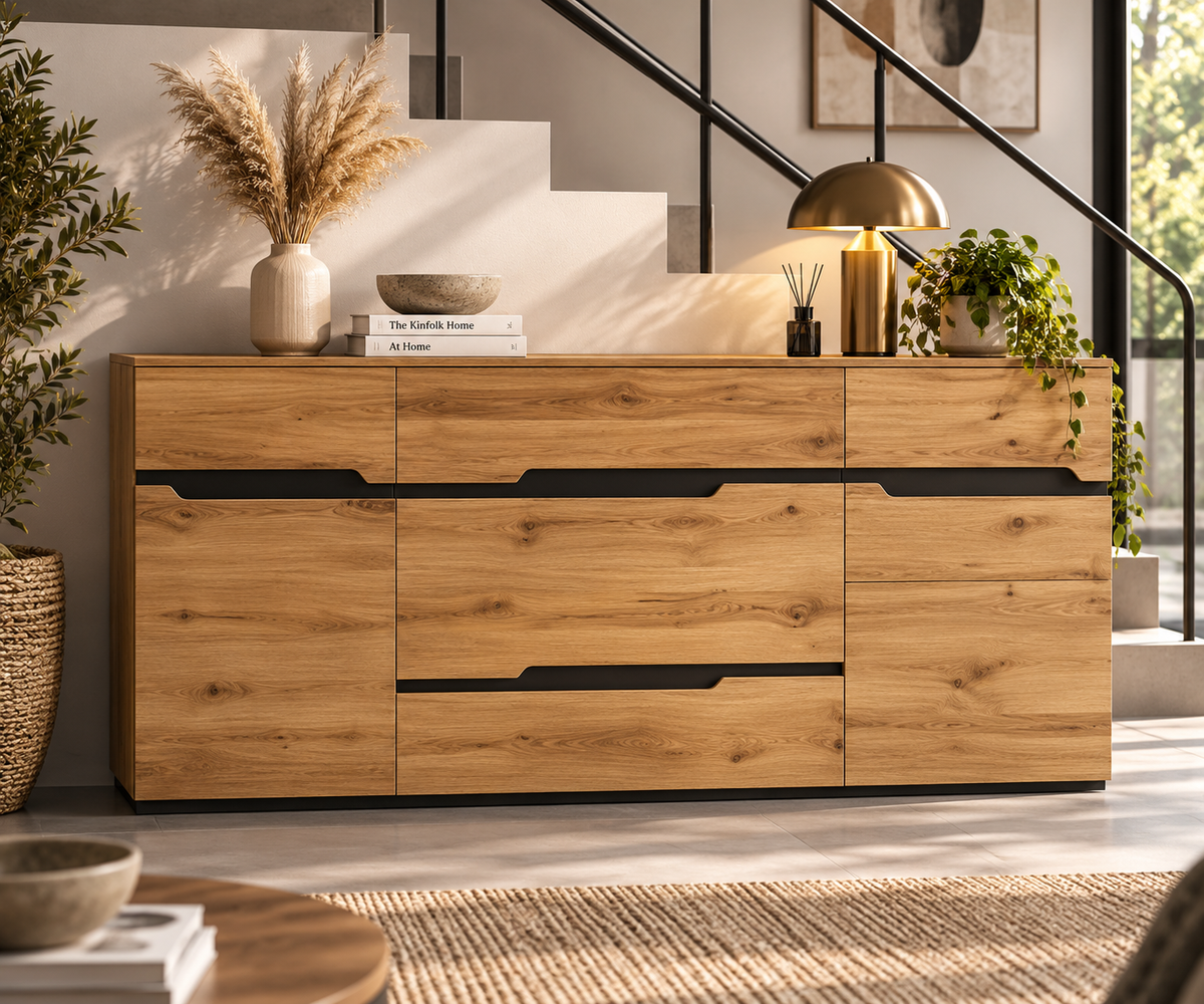 Buffet Nélio – Bois Naturel & Finitions Noires