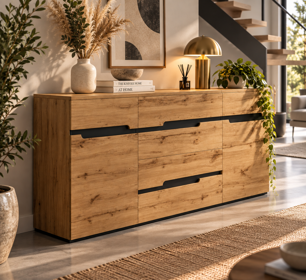 Buffet Nélio – Bois Naturel & Finitions Noires
