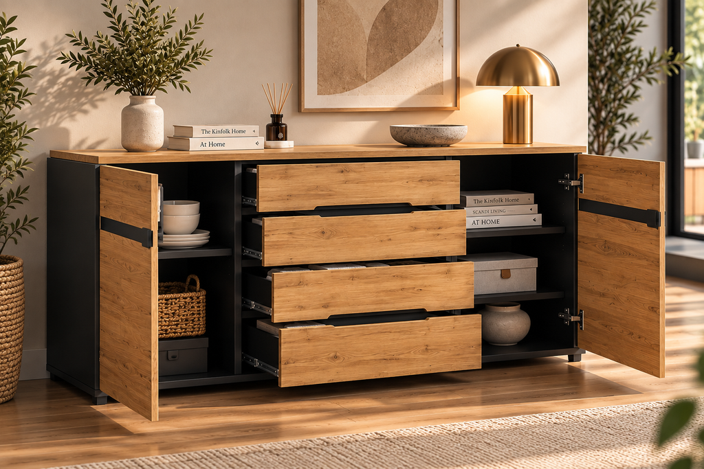 Buffet Nélio – Bois Naturel & Finitions Noires
