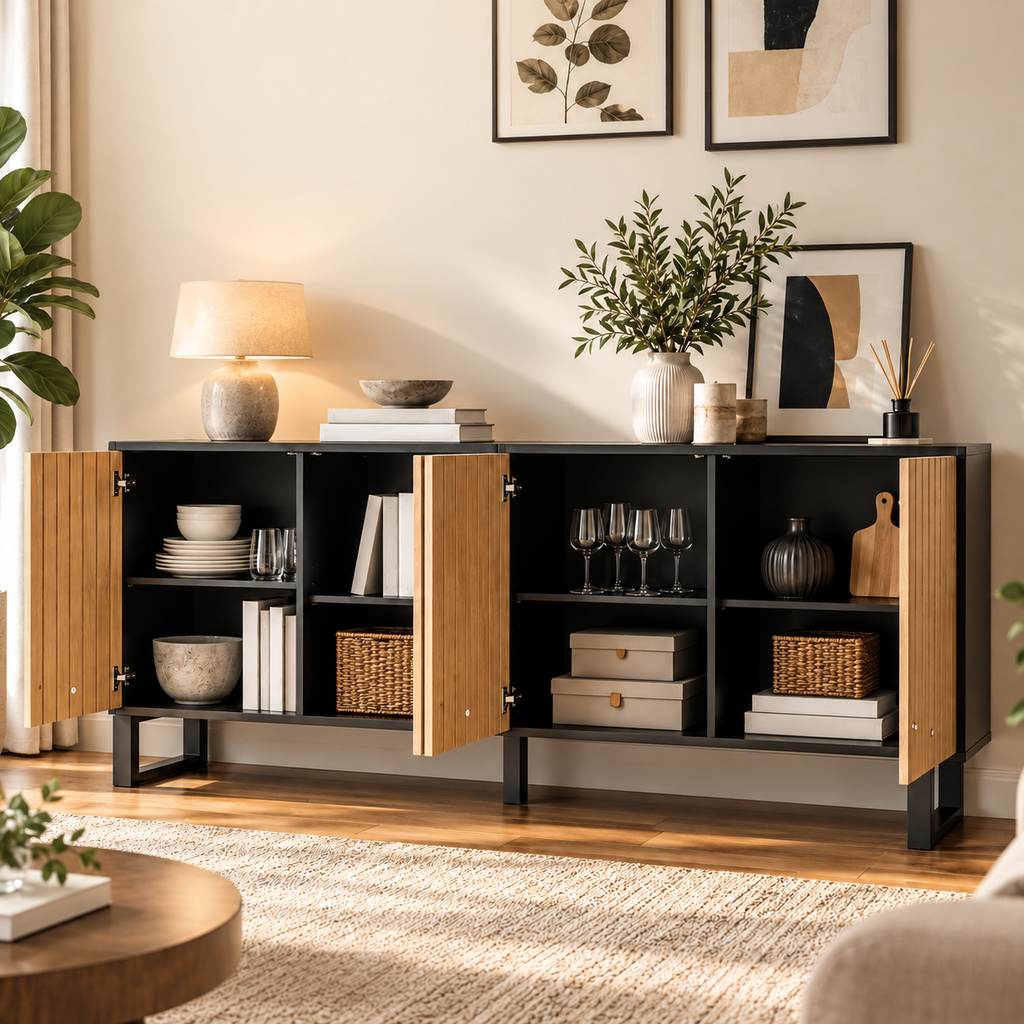 Buffet Sélène – Bois Naturel & Métal Noir